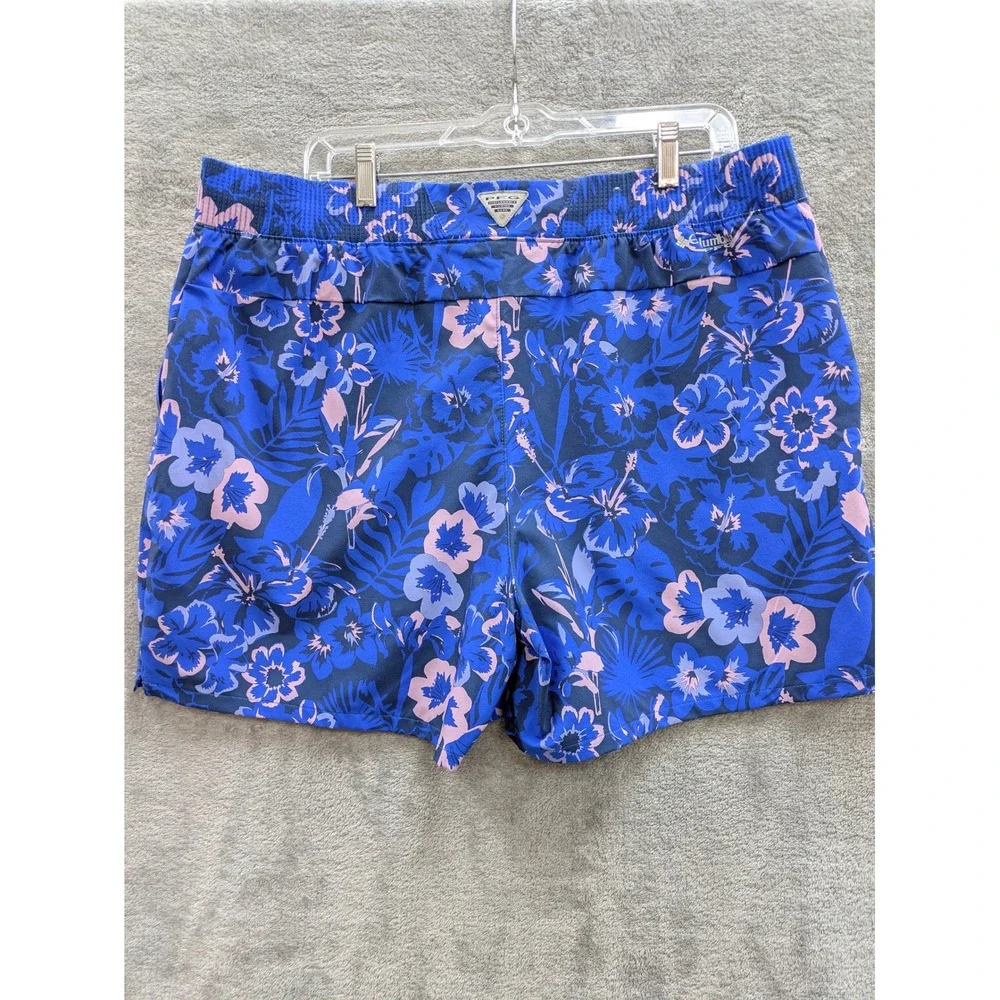 Tropical Floral PFG Fishing Shorts Womens Large Blue Hibiscus Performance Pocket